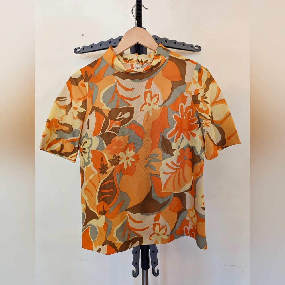 Vintage Groovy Plants Top with mock neck in yellow and orange